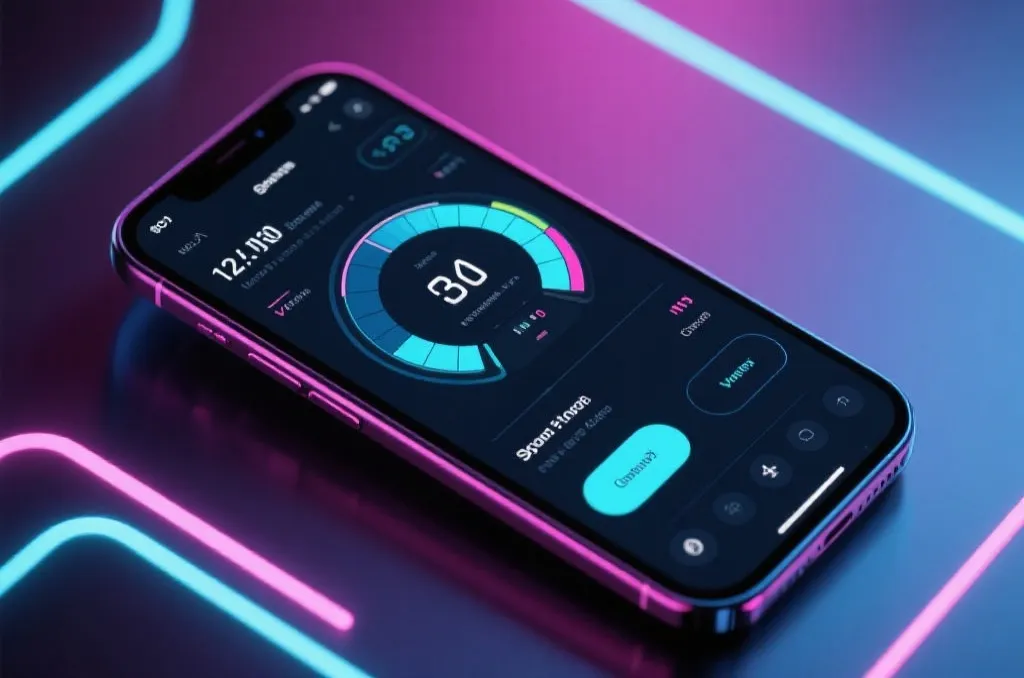 Futuristic smartphone showing a sleek sports dashboard with clean user interface and glowing neon visual cues